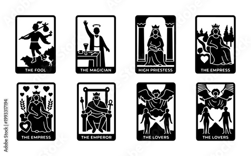Mystical tarot card icons set, black and white occult major arcana symbols, 8 spiritual divination vector elements for fortune telling and astrology
