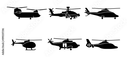 Obraz na płótnie Military and civilian helicopter silhouettes, set of 6 aircraft vector icons, bl