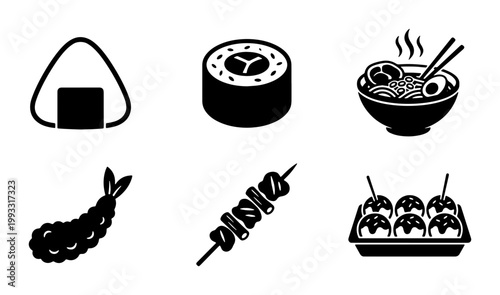 Foto Japanese food icons set, black minimalist sushi and ramen vector illustrations,