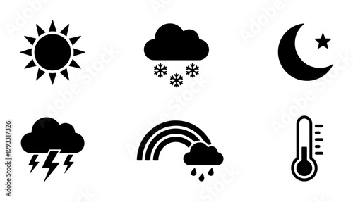 Minimalist weather icon set, black silhouette meteorology symbols, collection of 6 vector elements for forecast apps and climate reports