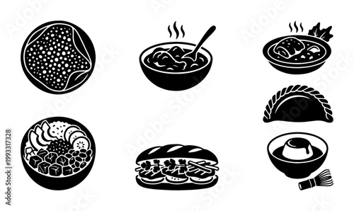 Black and white food icons set, 6 vector illustrations of global cuisine, minimalist restaurant menu graphics, hand drawn style meal symbols
