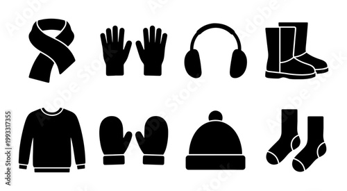 Winter clothes icon set, black silhouette winter apparel collection, 8 vector elements including scarf, gloves, earmuffs, boots, sweater, mittens, beanie, and socks