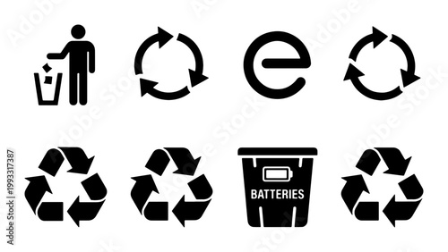 Recycling icon set with 8 black vector elements, waste management symbols for sustainability, eco friendly trash and battery disposal signs