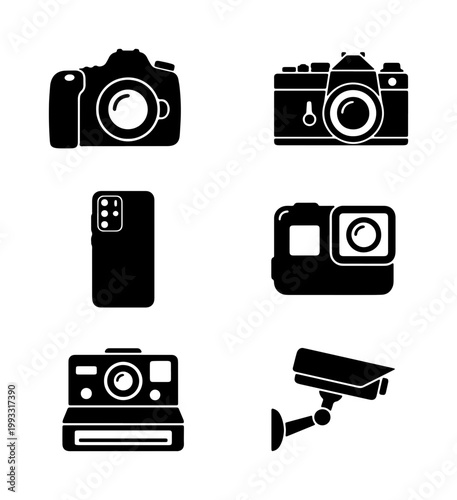 Modern camera icons set, professional photography equipment symbols, digital dslr and action camera vector silhouettes, security and mobile phone icons