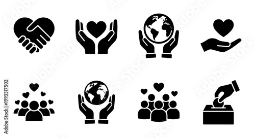 Charity and donation icon set, black silhouette volunteer and philanthropy symbols, 8 vector elements for non-profit organizations and community support