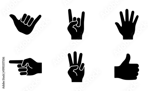 Black hand gesture icons set, minimalist human hand silhouettes collection, 6 vector hand signs including thumbs up and rock on symbols
