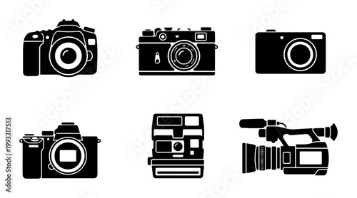 Photography camera icons set, professional DSLR and mirrorless camera silhouettes, vintage film and instant camera vector graphics, video camcorder symbols