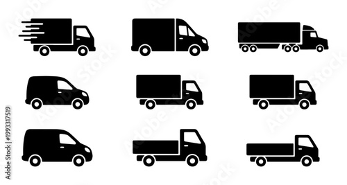 Delivery truck icon set, commercial transport vehicle silhouettes, logistics and shipping van vector collection, 9 black freight icons for web