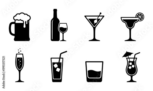 Alcoholic beverage icon set, black cocktail and beer glass silhouettes, 8 minimalist drink vector symbols for bar menus and restaurant signage