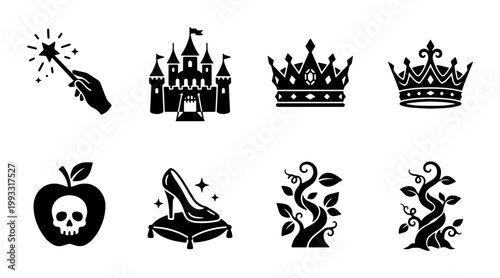 Fairy tale icons set, black silhouette fantasy magic symbols, medieval castle and royal crown vector collection, storybook elements for branding