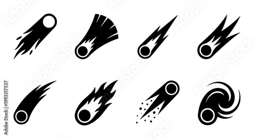 Black comet icon set, falling meteor and asteroid vector silhouettes, 8 space fireball symbols, celestial body trail graphic elements