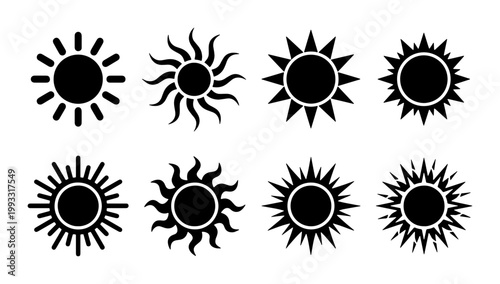 Minimalist sun icon set, black solar symbols collection with 8 vector elements, geometric sunshine shapes for weather forecast and summer branding