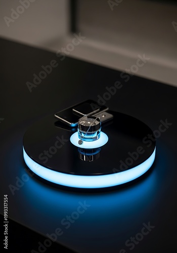 Futuristic Round Platform with Blue Light on Dark Surface.