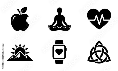 Minimalist health and wellness icons set, black silhouette fitness symbols, 6 vector elements for lifestyle and meditation apps