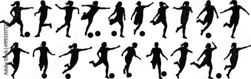 Female soccer players kicking and running silhouettes