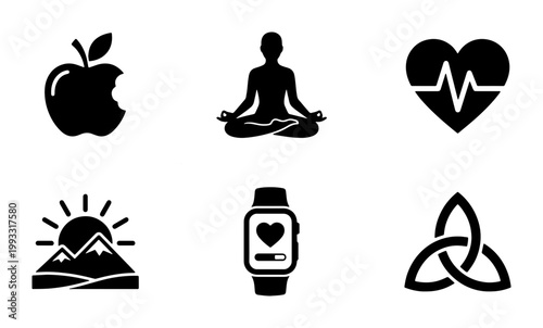 Minimalist health and wellness icons set, black silhouette fitness symbols, 6 vector elements for yoga and healthy lifestyle apps