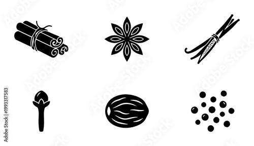 Aromatic spice icons set, black silhouette cinnamon sticks and star anise vector, vanilla pods and cloves for culinary design, 6 spice elements