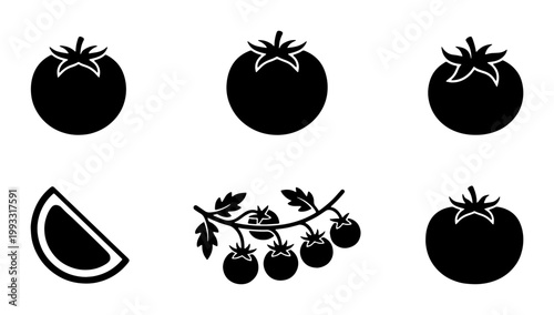 Tomato icon set with black silhouettes, fresh vegetable symbols for food packaging, organic cherry tomato vine and slice vector illustrations