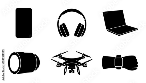 Modern technology gadgets icon set, black silhouette electronic devices vector collection, laptop smartphone and drone symbols for web design