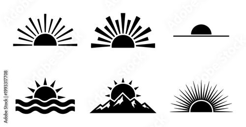 Minimalist sunburst icon set, black sunrise and sunset vector symbols, 6 sun burst elements over mountains and sea waves for logo design