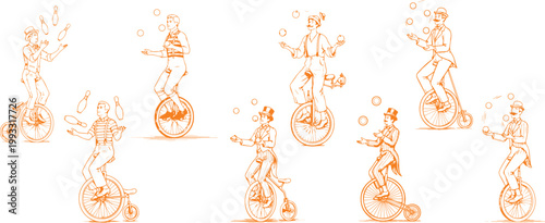 Circus jugglers performing on unicycles in vintage style vector illustration eps 10
