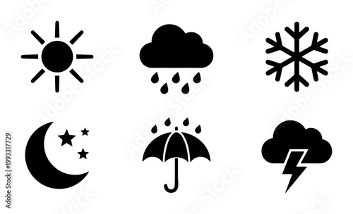 Minimalist weather icon set, black flat vector symbols of sun rain and snow, 6 meteorological climate elements for mobile app and web design
