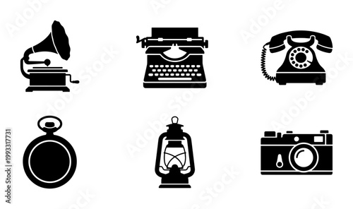 Vintage retro object icons set, black silhouette antique technology collection, 6 vector elements including typewriter, gramophone, and camera
