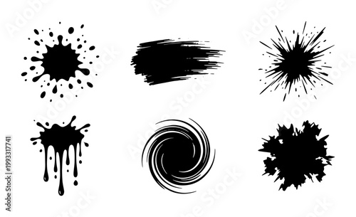 Grunge black ink splatters and paint drips set, 6 abstract liquid splash vector elements, messy brush strokes and swirl textures for graphic design