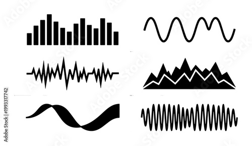 Minimalist audio wave icons set, black sound equalizer frequency bars, digital signal pulse and vibration symbols for music production