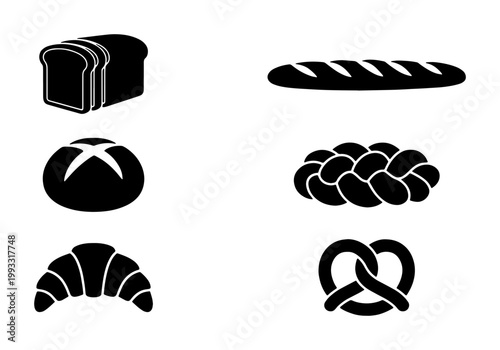 Bakery bread icon set with 6 black vector silhouettes, fresh loaf and baguette symbols, croissant and pretzel illustrations for bakery menus