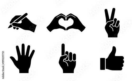 Minimalist hand gestures icon set, black silhouette human hand signs, collection of 6 vector symbols for communication and interface design