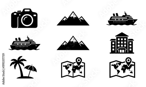 Travel and tourism icon set, black silhouette vacation symbols, cruise ship and mountain vector elements, world map and camera graphics for trip planning