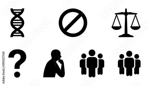 Bioethics and social justice icons set, black silhouette symbols of DNA and justice scales, ethical dilemma and human rights vector collection
