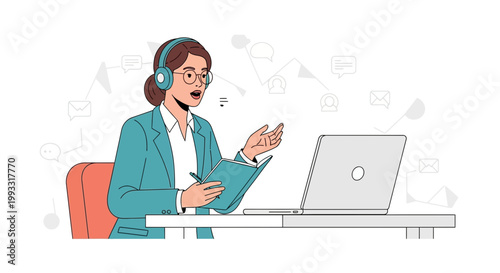 Woman in headphones talking on video call, working remotely, online communication concept