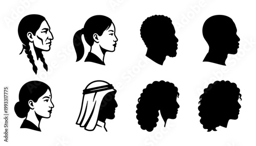 Diverse human profile silhouettes and head portraits, multicultural people face icons set, black and white ethnic diversity vector illustrations