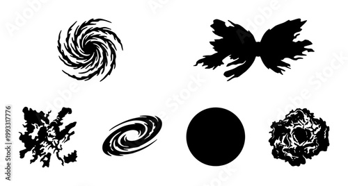 Abstract black space silhouettes set, cosmic galaxy and nebula vector icons, celestial spiral and starburst shapes for science fiction design