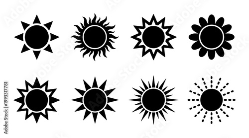Minimalist sun icon set with 8 black vector silhouettes, geometric solar symbols for weather forecasting, flat summer sunshine graphic elements