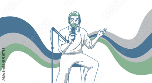 Man Podcasting with Microphone and Headphones, Wavy Background