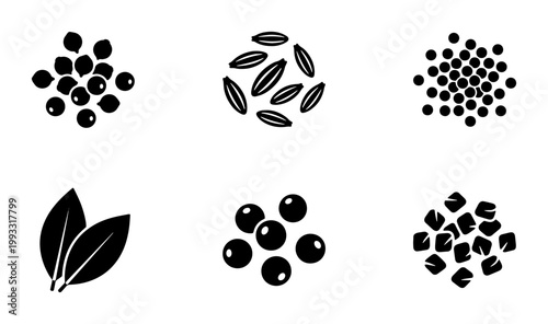Minimalist spice and herb icons set, black vector silhouettes of peppercorns, cumin seeds, bay leaves and salt crystals for culinary packaging design