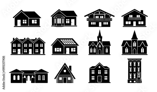 Black house icons set, residential building silhouettes, 12 vector home exterior symbols, real estate architecture and property signs