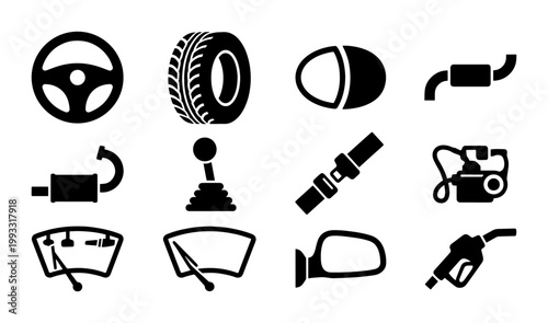 Automotive parts icon set with 12 black vector symbols, car service and repair elements, vehicle maintenance and transportation equipment graphics