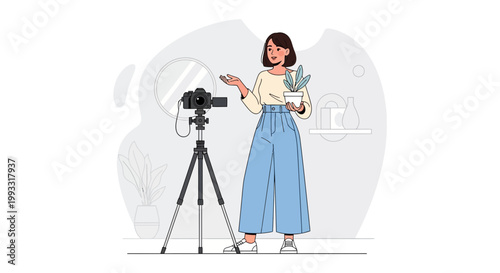 Woman filming content with camera and ring light, holding a plant