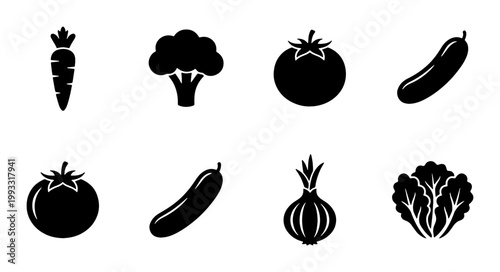 Minimalist vegetable icon set, black solid vector silhouettes of 8 organic farm vegetables, flat garden produce symbols for grocery and cooking apps