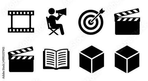 Cinema and media production icons set, black minimalist film industry symbols, movie director and clapperboard vector graphics for storytelling