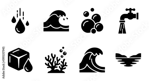 Water and ocean icons set, black solid liquid drop and wave symbols, 8 aquatic nature vector elements for environment and plumbing design