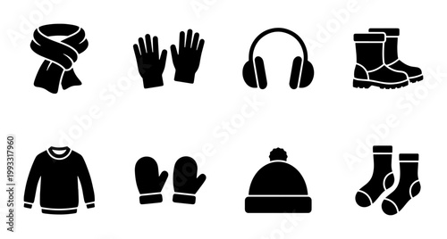 Winter clothing icon set, 8 black silhouette vector elements, cold weather apparel symbols including scarf, gloves, earmuffs, boots, sweater, mittens, beanie and socks