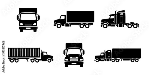 Semi truck silhouette icons set, heavy duty delivery vehicle vector graphics, commercial transport and logistics freight truck illustrations