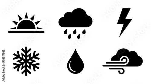 Minimalist weather icon set with 6 black vector symbols, meteorology forecast elements including sun, rain cloud, lightning, snowflake, water drop and wind