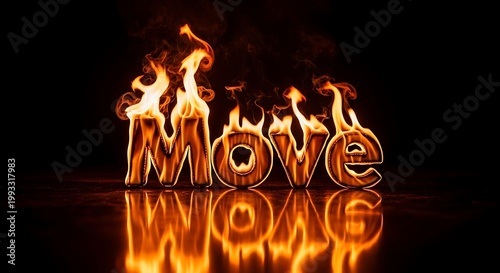 Three dimensional rendering of the word move engulfed in bright flames upon a dark reflective surface