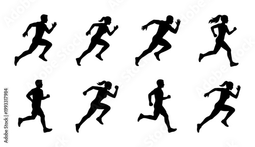 Running silhouette set of male and female athletes, black joggers in motion vector icons, sprinting people collection for fitness and marathon design